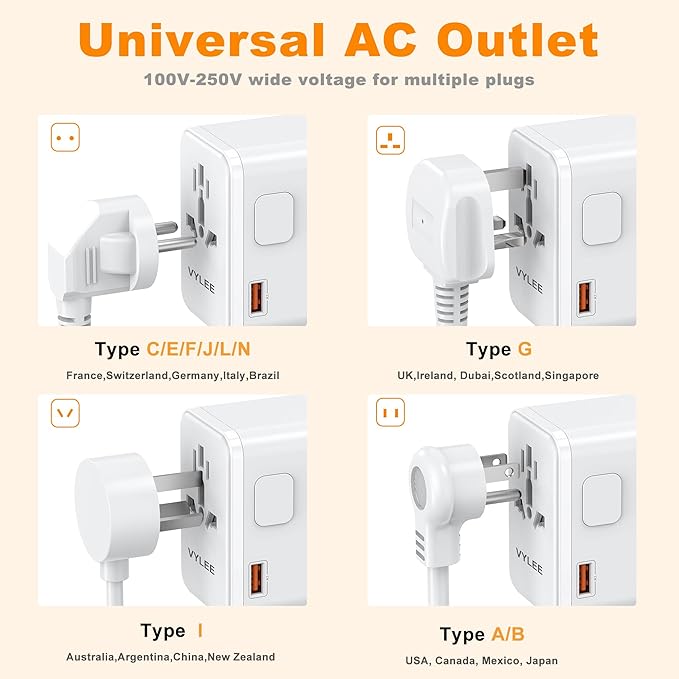 VYLEE PD100W GaN Universal Travel Adapter, International Power Adapter in One, 3 USB C & 1 USB A & AC Outlet, Travel Adapter Worldwide Plug Adapter with USA EU UK AUS Plugs (White)