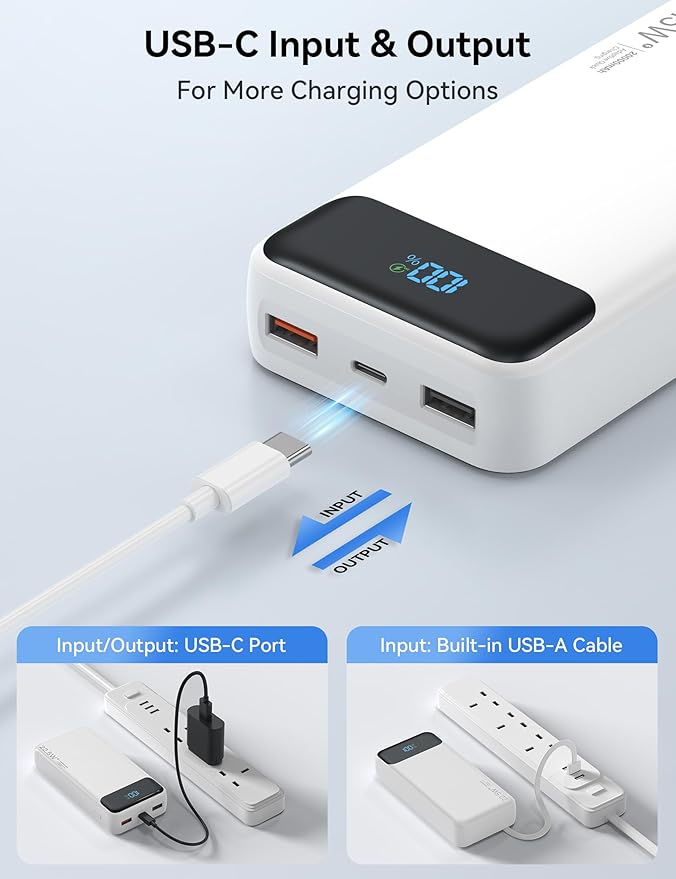 Portable Charger, 20000mAh 22.5W Fast Charging Power Bank with 4 Built-in Cables, Travel Essentials External Battery Pack with LED Display, 6 Outputs Charging Bank for iPhone, iPad, Samsung etc White