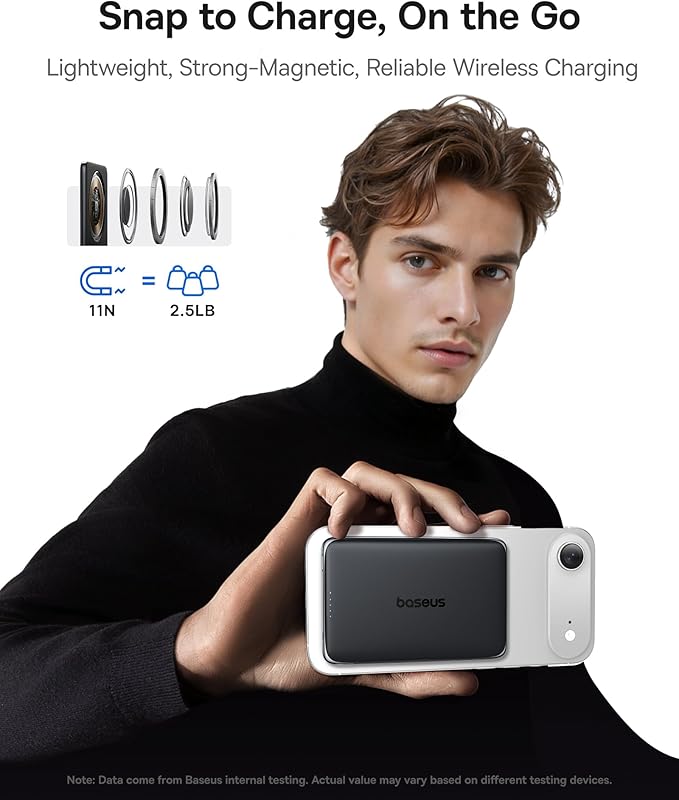 Baseus Picogo Power Bank, 0.3" Ultra Slim 5000mAh MagSafe Battery Pack, Upgraded CCC Certified and Polished Alloy Magnetic Portable Charger, Wireless Charger for iPhone 17/16/15/14/13/12