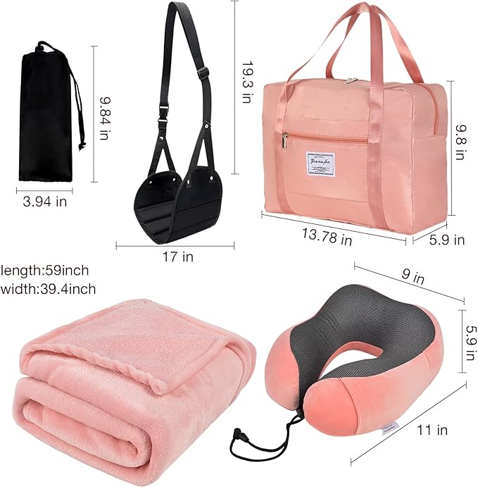 Travel Pillow and Blanket Set & Foot Rest, Memory Foam Neck Pillow Airplane Blanket & Airplane Foot Hammock & Foldable Duffel Bag, Eye Mask & Earplugs, Portable Travel Accessories Essentials, Pink