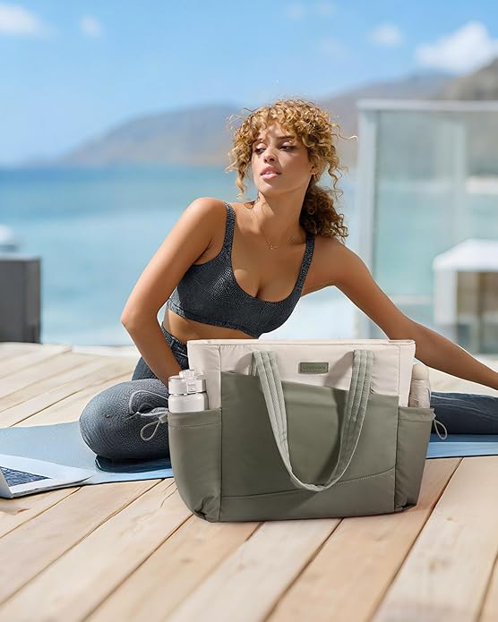LOVEVOOK Gym Tote Bag for Women, Puffy Yoga Mat Bag with Large Cup Holder & Wet Pocket, Work Nurse Bag for Travel Workout