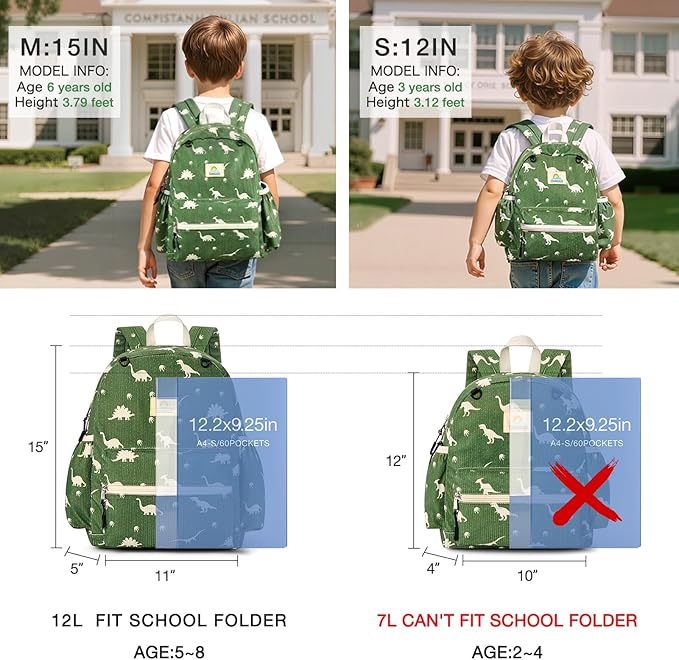STEAMEDBUN Corduroy Kids Backpack for Boys and Girls 5-8: Boys Backpack for Elementary Kindergarten - 15 inch Cute Backpacks for Kids - Dinosaur