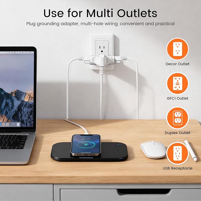 3 Plug Outlet Adapter (T-Shaped),Heavy Duty Outlet Extender，T-Shaped Adapter，Grounded Wall Adapter, Turn 1 to 3 Outlet, UL Certified, White (3PACK)