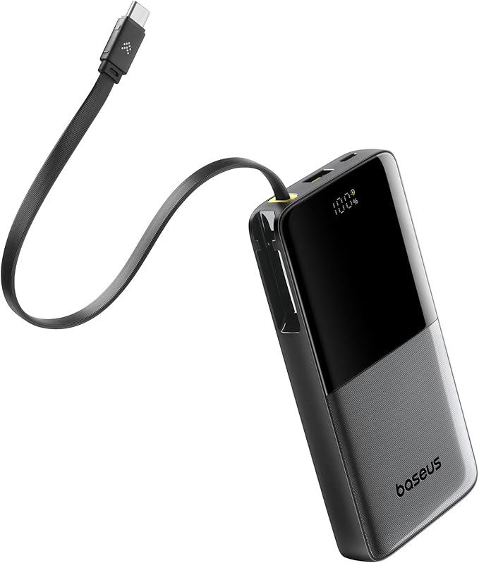 Baseus 10000mAh Portable Charger, 22.5W Fast Charging Power Bank with Built-in Braided USB-C Cable, PD3.0 & QC3.0 Dual Protocols, Compact Travel Battery Pack for iPhone 17/16/15, iPad, Galaxy S25/S24