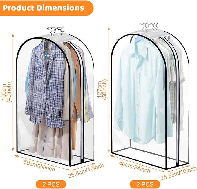 Dntorx 4 Pack Full Clear Garment Bags with Side Zipper, 40&50" Clothes Covers with 10" Gusset, Transparent Hanging Suit & Coat Covers for Closet Storage, Jackets, Dresses, Windbreakers