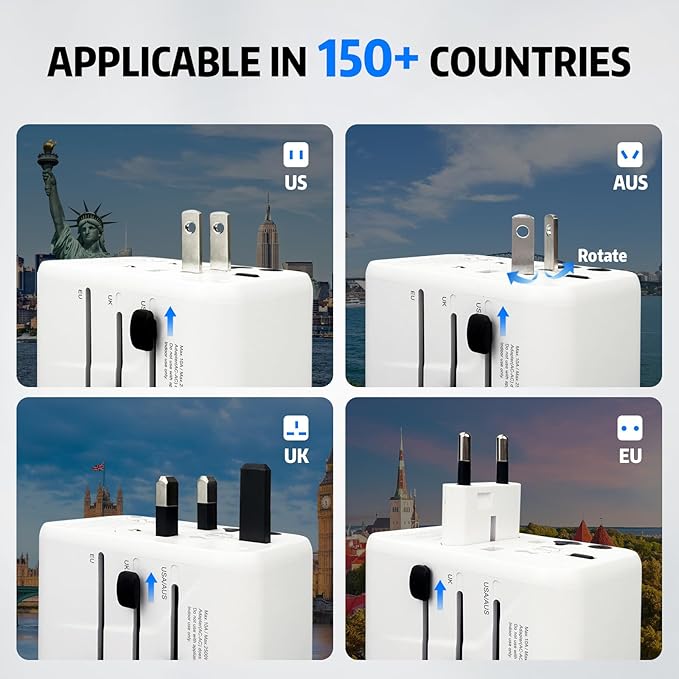 EP 65W International Travel Adapter, Universal Power Charger Outlet with 3 USB-C and 2 USB-A Ports, Worldwide Plug Adaptor Wall Charger, Compatible with US/CA/EU/UK/AU/JP ＆ 150+ Countries - White
