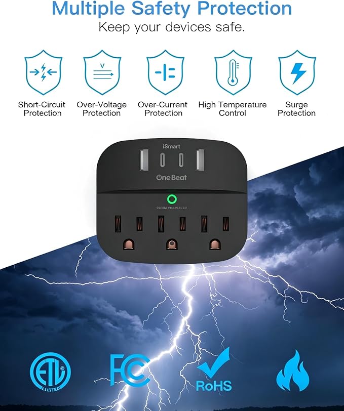 2 Pack Multi Plug Outlet Splitter, 490J Surge Protector Outlet Extender with 3 AC Outlets and 4 USB Wall Charger (2 USB C Ports), Small Adapter for Dorm Room and Travel Essentials, ETL Listed, Black