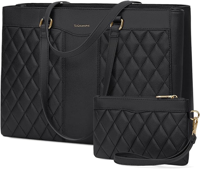 RAINSMORE Laptop Bag for Women 15.6 Inch Work Tote Bags Leather Laptop Tote Professional Laptop Purse Computer Handbag Womens Briefcase Tote with Clutch for Teacher Office Travel, Black
