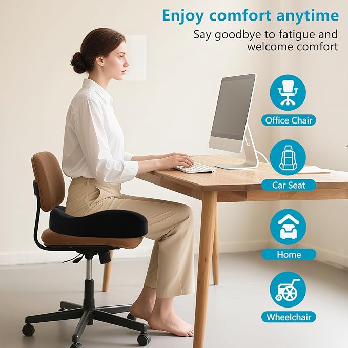 Seat Cushions for Office Chairs & Hip Pain Relief, Extra-Dense Coccyx Cushion with Sciatica Support, Ergonomic Design for Desk Chair, Car, Wheelchair, All-Day Comfort (Black)