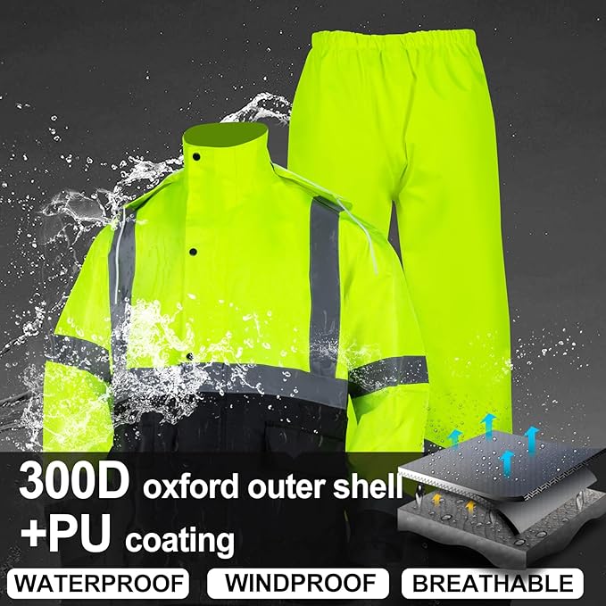 VENDACE Class 3 High Visibility Rain Suits,Rain Gear for Men Yellow/Lime Reflective Hi Vis Safety Rain Work Jacket,Pants