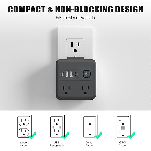 Multi Plug Outlet Extender with 2 USB-A + 2 USB-C & Phone Holder, HITRENDS 1875W/16A 4-Outlet Extender, Non Surge Protector Travel Cruise Ship Essentials, Electrical Wall Splitter for Home Office