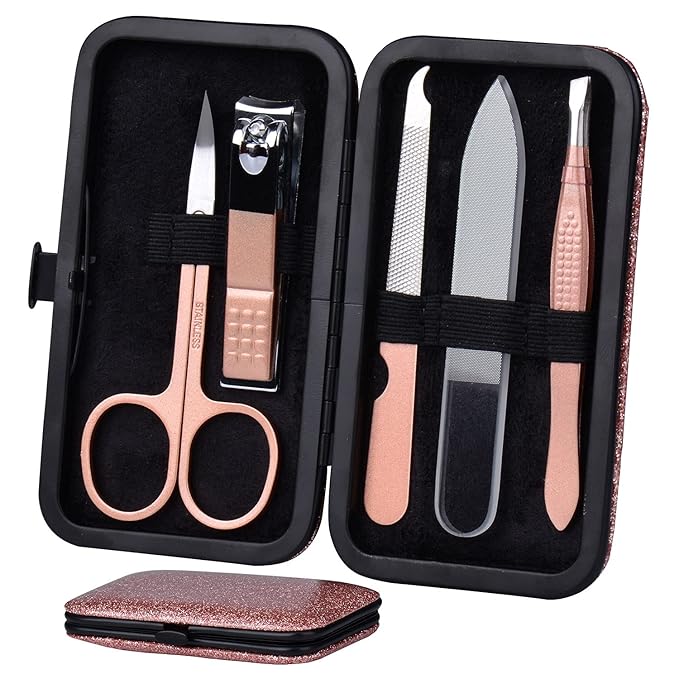HANTEKAS Manicure Set Nail Clippers Kit 5 Pieces in 1 Stainless Steel Professional Grooming Nail Care Tools Including Nano Glass Nail Shiner Buffer File Gift for Men Husband Boyfriend Parents Women