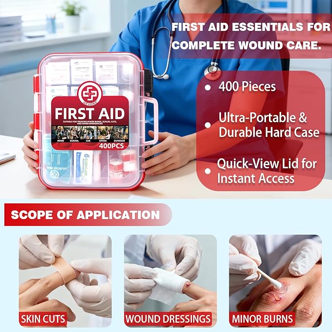 Gevoke 400 Piece First Aid Kit - Organized Dual-Layer Wall-Mountable Hard Case Medical Kit for Home, Car, Camping, Travel, Hiking, Truck, Office, Sports, Vehicle & Outdoor Emergencies