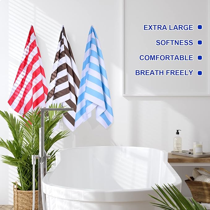 EBOOT 10 Pack Oversized Beach Towel Set Extra Large Pool Towels Microfiber Quick Dry Swim Blanket for Adult Women Men Face Hand Body Bath Travel Pool(Bright Color,36 x 72 Inch,Cabana Stripe)