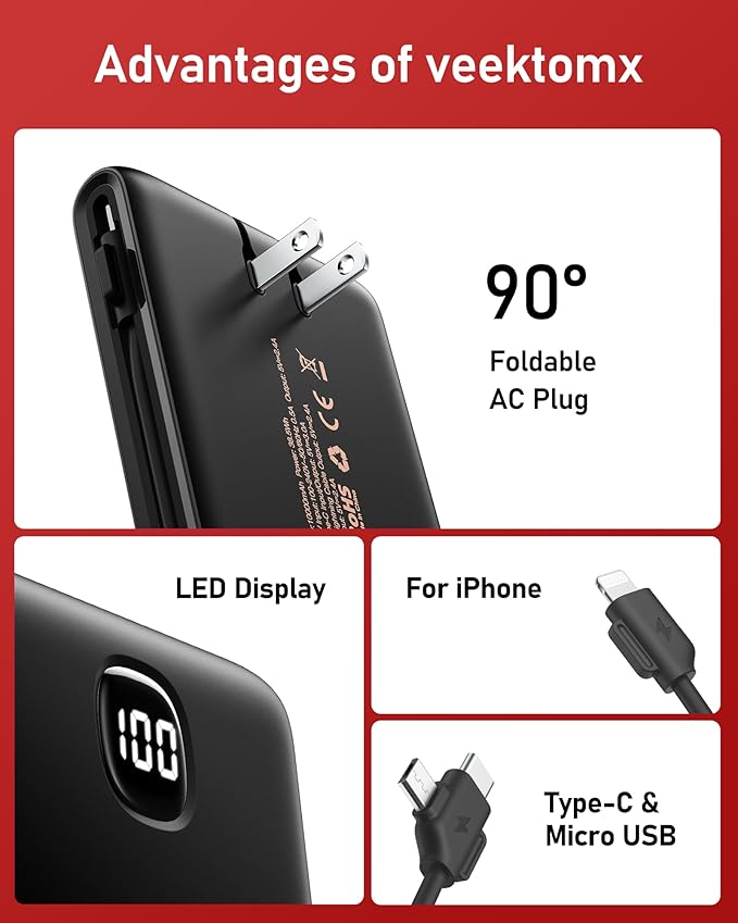 VEEKTOMX Portable Charger with Built in Cables 10000mAh, Power Bank for iPhone with AC Wall Plug, Fast Charging USB C Slim Battery Pack with LED Display Compatible with iPhone 17/16/15/14, Samsung