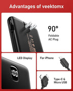 VEEKTOMX Portable Charger with Built in Cables 10000mAh, Power Bank for iPhone with AC Wall Plug, Fast Charging USB C Slim Battery Pack with LED Display Compatible with iPhone 17/16/15/14, Samsung