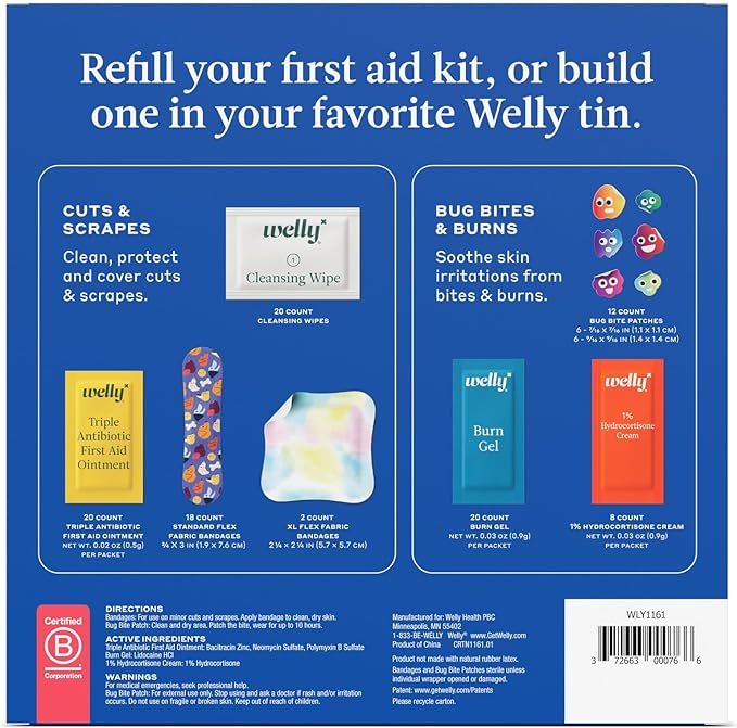 Welly First Aid Kit Refill Carton | Includes Individual Bandages, Cleansing Wipes, Antibiotic Packets, Burn Gel, Hydrocortisone Cream, and Bug Bite Relief Patches | 100 ct