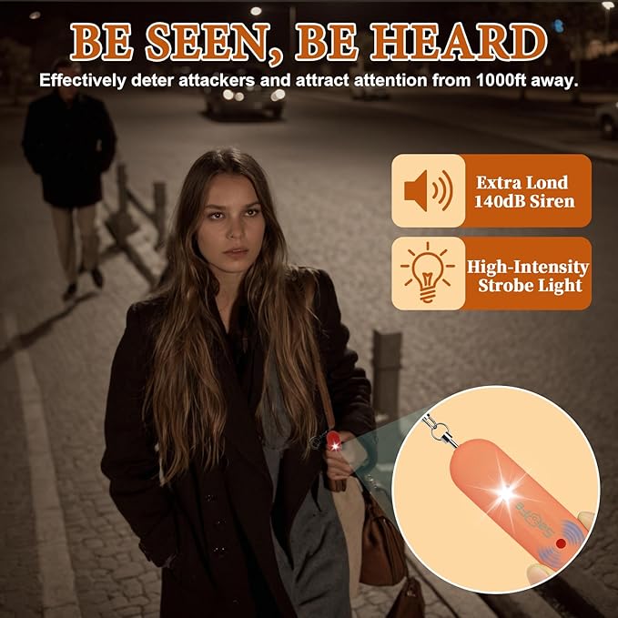Personal Safety Alarm - Waterproof Rechargeable Security Alarm - 140dB Extra Loud Siren & Strobe Light - Self Defense Keychain - Gift for Women, Teenagers, College Girls, Seniors (Orange)