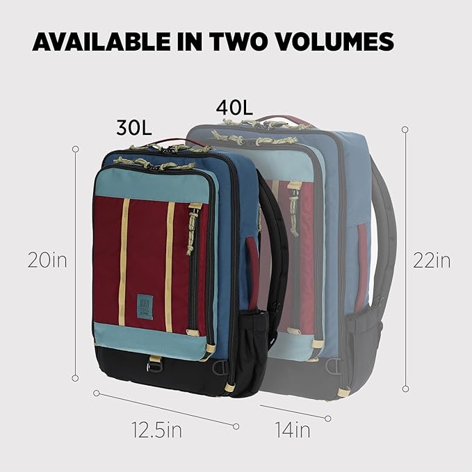 Topo Designs Global Travel Bag – 30L or 40L - Carry-On Compliant Most Airlines, Durable Travel Duffel Bag, Clam Shell Main Pocket, Laptop Sleeve, Backpack, Luggage (30L / Dark Denim/Burgundy)