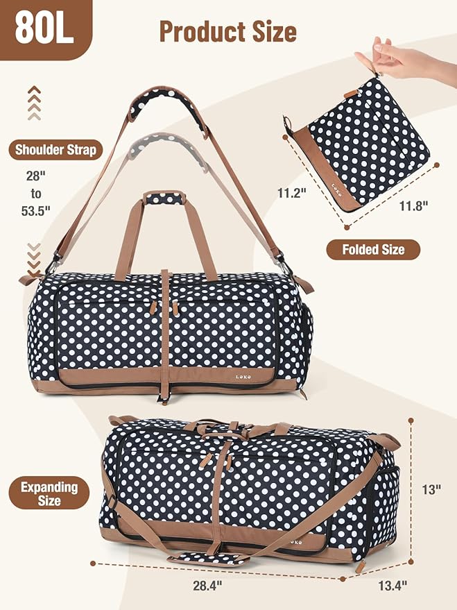 Lekesky Foldable Travel Duffel Bag for Women, 80L Large Duffle Bag with Separate Shoes Compartments & Straps, Carry On Weekend Bag for Women, Hospital, Overnight(Polka Dots)