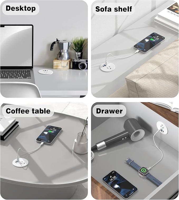 Desk Grommet Power Outlet, 2.5 inch Desktop Recessed Outlet with 20W Fast Charging USB-C Port, Flush Mount Outlet for Conference Rooms, Office Tables, Furniture (White, 6FT)