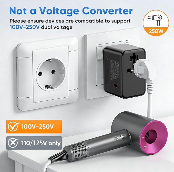 Universal Travel Adapter - 6 in 1 International Plug Adapter with Fuse Auto-Resetting, USB-C PD Fast Charging Worldwide Power Outlet for USA to European UK AUS India, Type C/G/D/I/A, Black