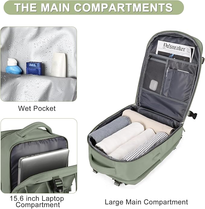 coofay Travel Backpack For Women Men Airline Approved Carry On Backpack Flight Approved Waterproof Sports Luggage Backpack Casual Daypack Small Hiking Backpack Grey Green