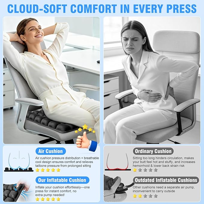 Upgrade Travel Cushion Airplane Seat with No External Pump, 3D Inflatable Seat Cushion, Adjustable Air Cushion with Non-Skid, Coccyx Tailbone Pain Relief Chair Pad for Office, Car, Wheelchair