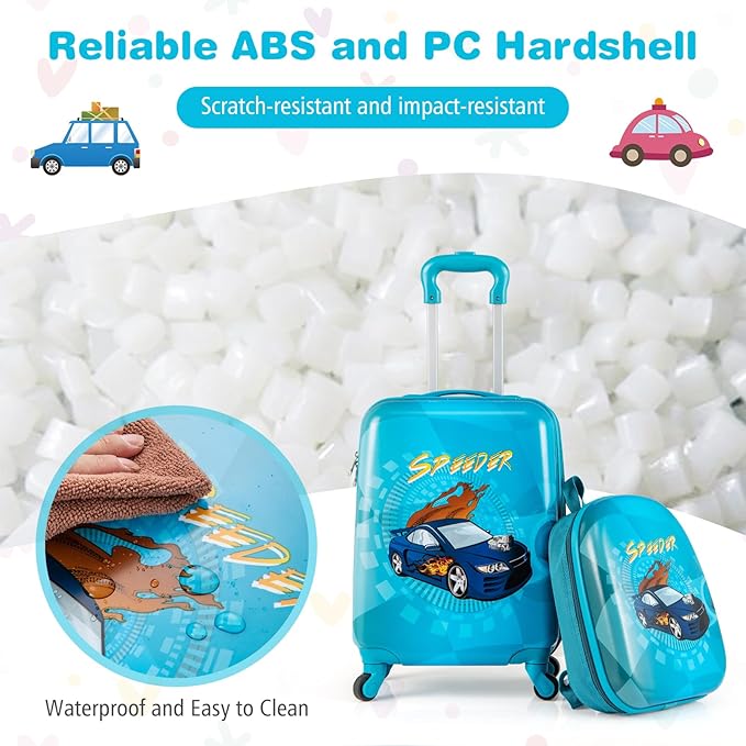 BABY JOY 2 PCS Kids Luggage, 16” Carry-on Hardshell Suitcase with Wheels & Hardside Backpack for Boys Girls, Airline-Approved Toddler Travel Luggage Set (Racing Car)