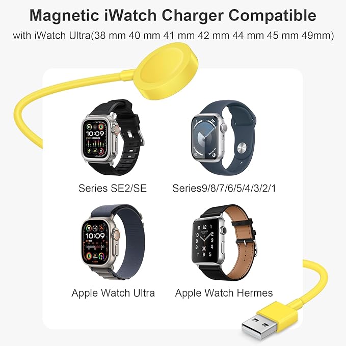 Fast Charger for Apple Watch Charger, Magnetic iWatch Charger to USB A Cable 3.3FT with USB A Wall Plug Adapter for Apple iWatch Series Ultra/10/9/8/7/6/SE/5/4/3/2 (Yellow)