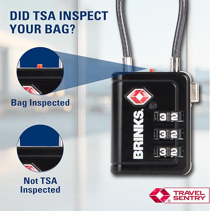 Brinks TSA Accepted Indicator Luggage Lock, Black - Resettable 3-Dial Combination, 1.5 inch Long Cable Shackle, New More Secure TSA008 Key, 4 Pack