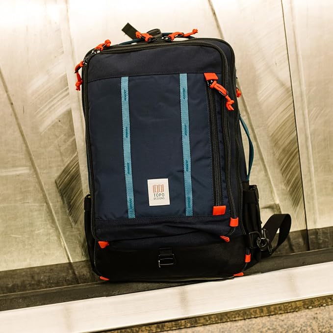 Topo Designs Global Travel Bag – 30L or 40L - Carry-On Compliant Most Airlines, Durable Travel Duffel Bag, Clam Shell Main Pocket, Laptop Sleeve, Backpack, Luggage (40L / Dark Denim/Burgundy)