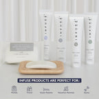 Infuse Pure White Tea and Coconut Hotel Soaps and Toiletries Bulk Set | 1-Shoppe All-In-Kit for Airbnb | 1oz Shampoo & Conditioner, Body Wash, Lotion & 1.25oz Bar Soap | Travel Size 300 Pieces