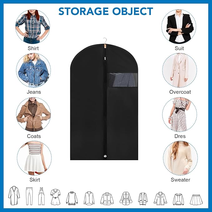 Dntorx 1 Pack Garment Bags with Clear Window, 45" Clothes Covers with Zipper, Transparent Hanging Suit & Coat Covers for Closet Storage, Jackets, Dresses, Windbreakers
