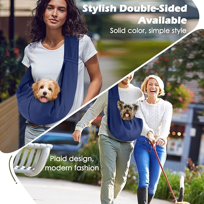 Pawaboo Small Dog Sling Carrier, Reversible Hands Free Dog Sling Carriers for Small Dogs and Cats, Puppy Slings Carrier with Safety Harness, Puppy Essentials, Indigo