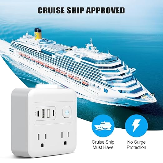Multi Plug Outlet Extender with 2 USB-A + 2 USB-C & Phone Holder, HITRENDS 1875W/16A 4-Outlet Extender, Non Surge Protector Travel Cruise Ship Essentials, Electrical Wall Splitter for Home Office