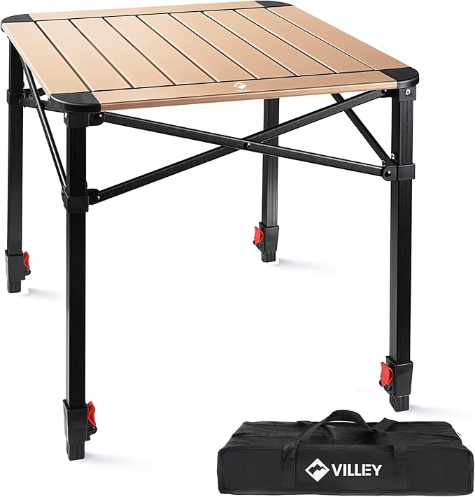 VILLEY Folding Camping Square Table with Carry Bag, Lightweight Aluminum Adjustable Square Table for Outdoor, Camping, Picnic, Backyards, BBQ, Medium