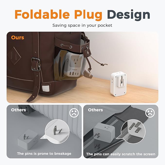TESSAN USB C Charger Block 20W PD, Fast Charging Adapter with Foldable Plug, 1875W Power Outlet Extender(4 AC and 4 USB) for Cruise, Home, Office, Dorm Room Essentials, Grey