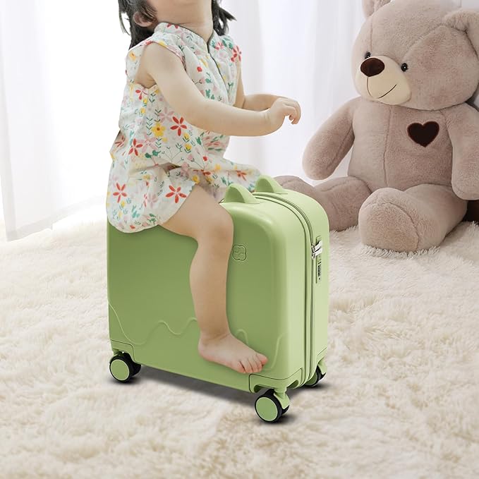 18" Kids Ride-On Suitcase,Children's Carry On Luggage Case,Rolling Luggage With Lock,Travel Trolley Case for Short Trips,School Trips,Outings (Olive green)