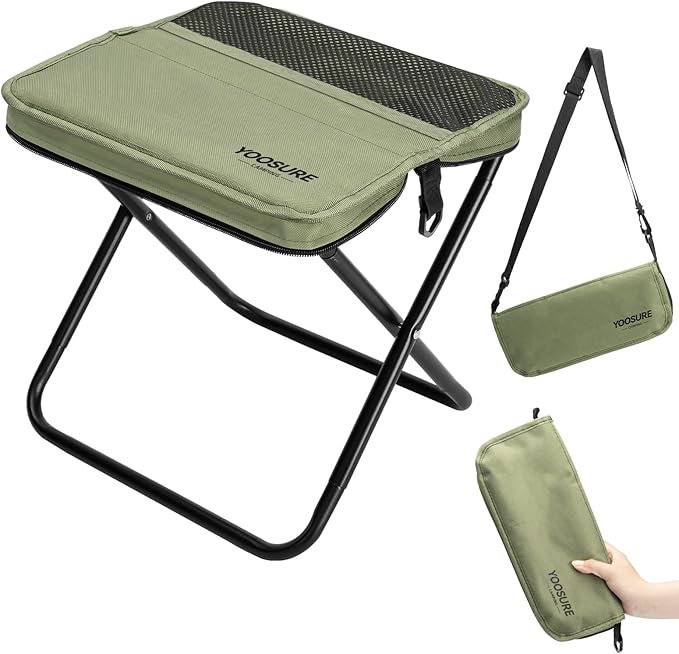 Portable Folding Camp Stool with 2 Side Pockets, Lightweight Foldable Camping Stool for Adults, Backpacking Travel Fishing Stool, Compact Folding Seat Collapsible Purse Chair (Green)