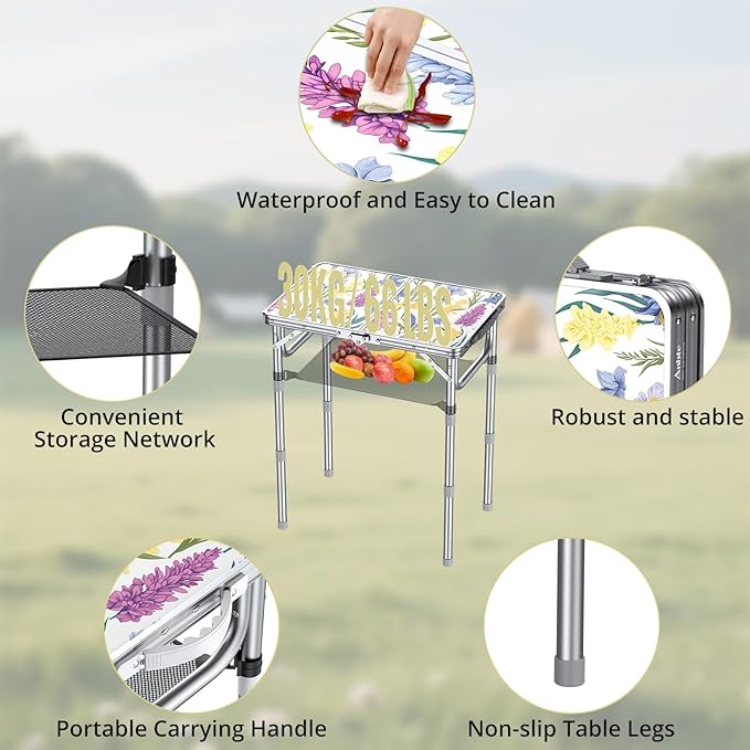 Anbte 2ft Folding Camping Table, 3 Adjustable Height Max 27.5" Small Folding Table with Storage Net Lightweight & Portable with Carry Handle, for Outdoor Indoor Camping Beach BBQ RV, Blooming Floral