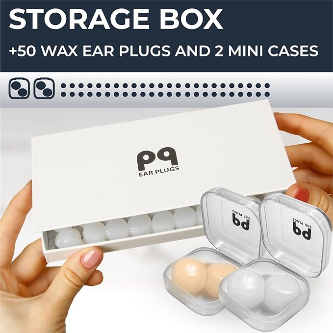 Peace&Quiet PQ Wax Ear Plugs for Sleeping, Swimming - 50 Noise Cancelling Silicone Gel Wax Earplugs, Ear Protection for Sleep and Swim, Soft Pillows with Sound Blocking Level 32Db, (50 Pillows)