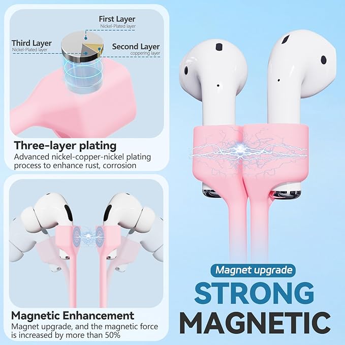 Mooyavia 2 Pack Ultra Strong Magnetic Anti-Lost Straps for AirPods, Soft Silicone Sports Lanyard Neck Rope Cord Compatiblewith AirPods 4/3/2/1, AirPod Pro 2/1- Pink+Purple