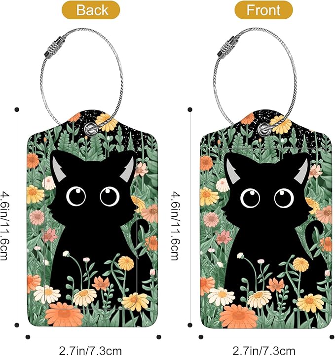 2Pack Luggage Tags for Suitcases, Cute Unique Pu Leather Cruise Luggage Tag with Privacy Cover ID Label Address Card and Metal Ring Suitable for Women Men Kids Travel Bag Orange Flowers and Cats