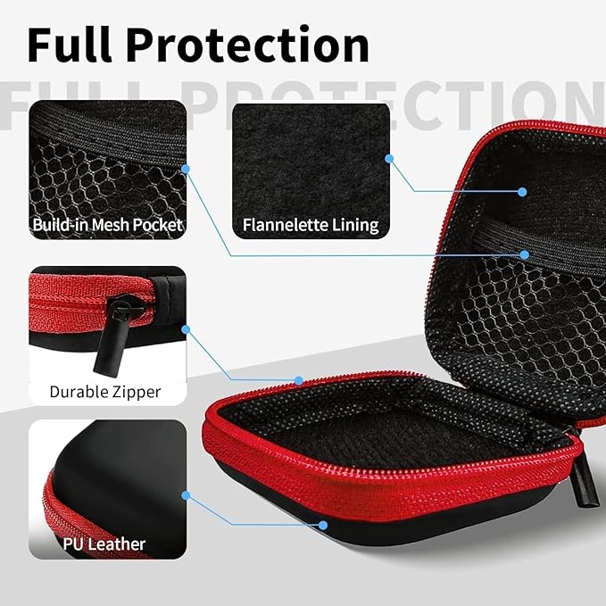 Square Earbud Case Portable EVA Carrying Case Storage Bag Tech Pouch Cell Phone Accessories Organizer with Carabiner for Earphone, Earbud, Earpieces, SD Memory Card, Camera Chips, Red