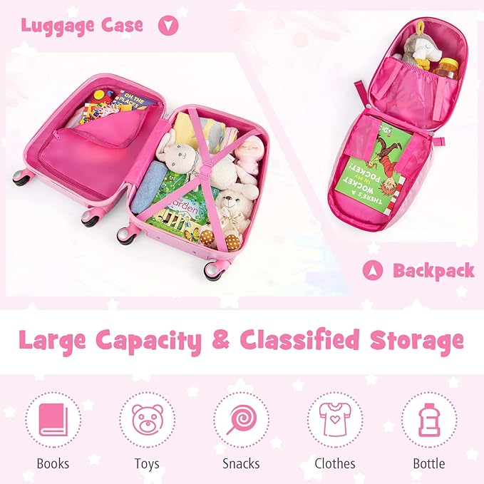 Goplus Kids Luggage Set, 12" & 18" Kids Carry On Luggage Set, Multi-directional Wheels Suitcase, Large Capacity Rolling Trolley Suitcase, Gift for Boys and Girls Toddlers Children Travel