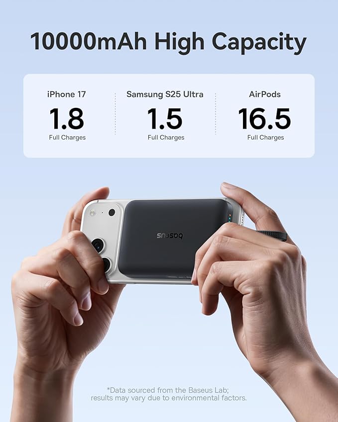 Baseus 0.3" Ultra Slim 5000mAh MagSafe Portable Charger Bundle with 10,000mAh 30W Magnetic Portable Charger Built-in Braided USB-C Cable for iPhone 17 Pro Max/Air/16/15/14/13, AirPods, iPad