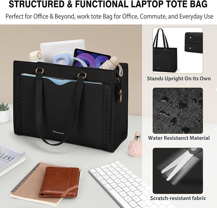 RAINSMORE Laptop Bag for Women 15.6 Inch Work Tote Bag with Detachable Strap & Bow Professional Laptop Tote with Cup Holder