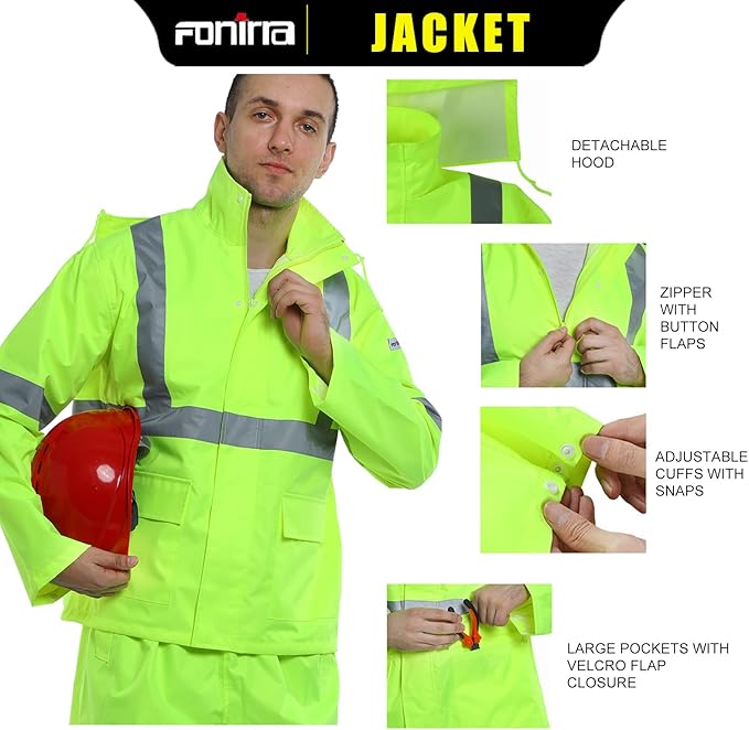 FONIRRA Hi Vis Safety Rainsuit for Men Waterproof Yellow Reflective Class 3 Rain Jacket Gear Pants(2XL/3XL)