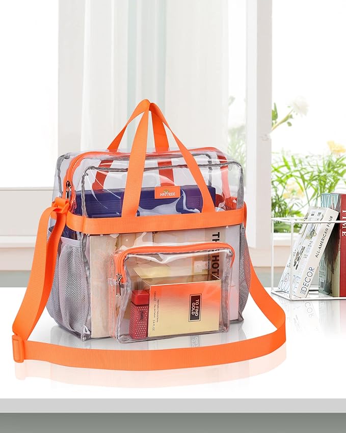 MAY TREE Clear Bag for Stadium Events 12×6×12 Clear Tote Lunch Bag with Reinforced Straps for Work, Sporting Events and Gym, Orange